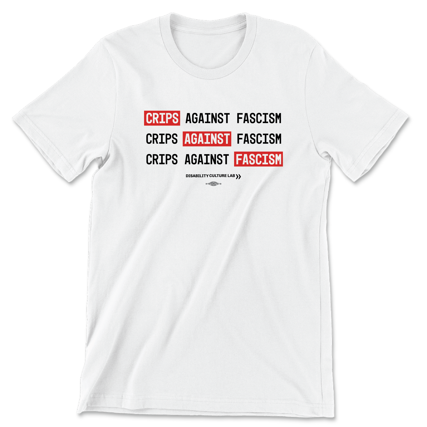 A white t-shirt that reads “Crips Against Fascism” three times. The word "crips" in the first line, "against" in the second line, and "fascism" in the third line are highlighted in red so it also reads "Crips Against Fascism" diagonally.