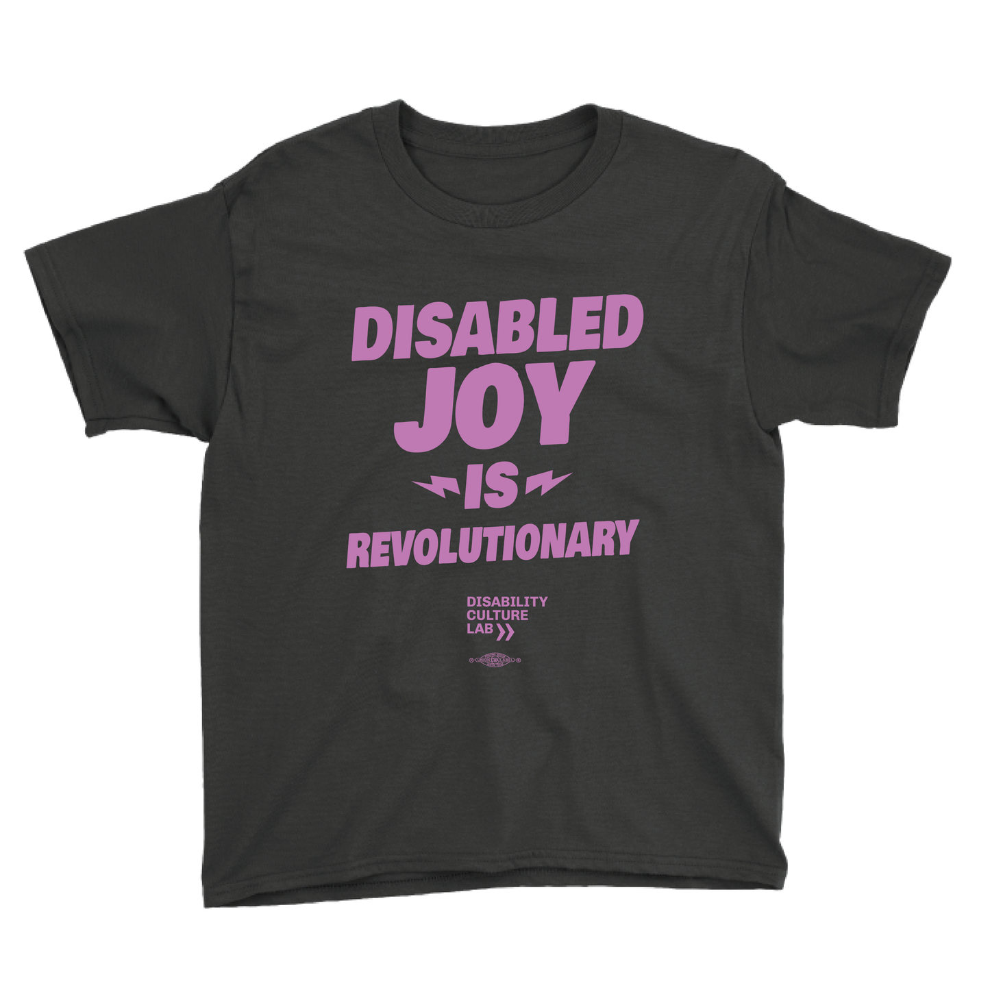 Black t-shirt that says "Disabled Joy is Revolutionary."