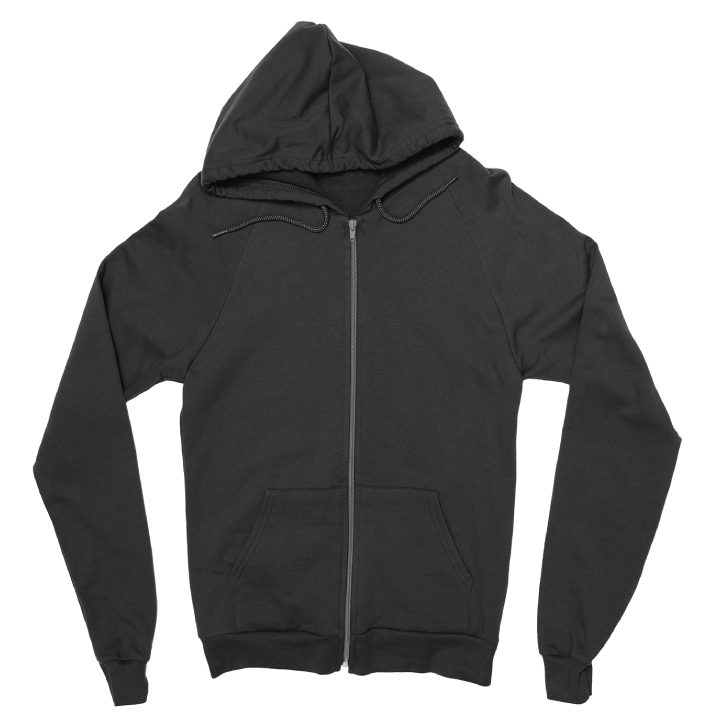 Front-view of a black longsleeve zip-up hoodie with hood drawstrings and pockets.