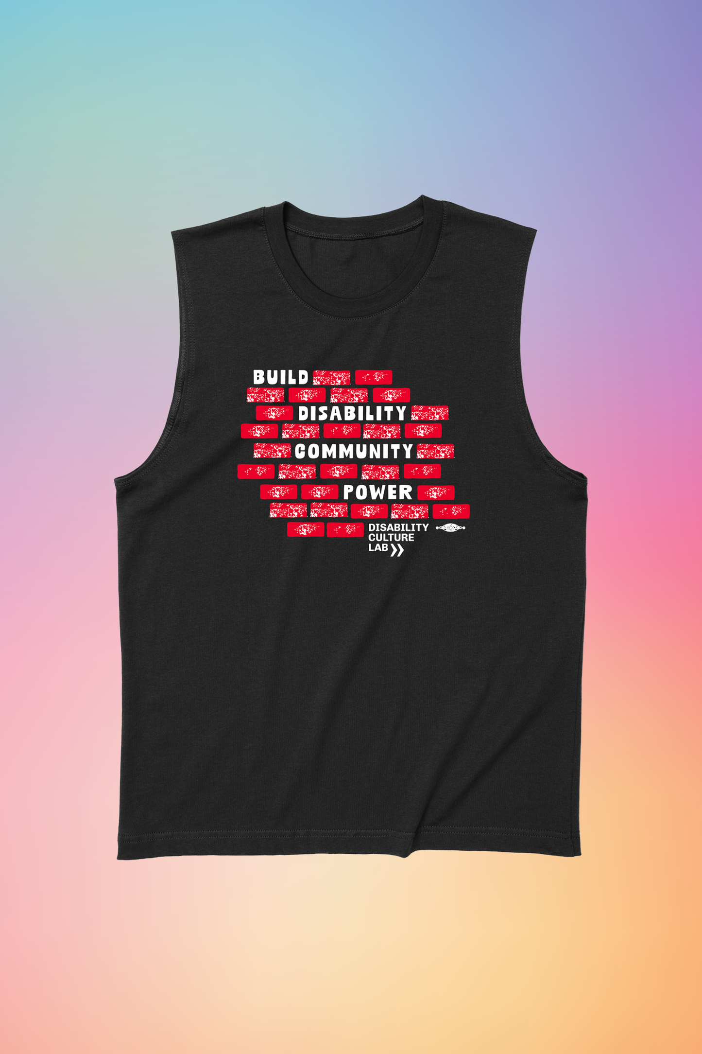A black muscle tank with a design of red bricks in the middle of the shirt. The bricks are surrounding bold white text that reads "Build Disability Community Power." Beneath the bricks is the white Disability Culture Lab logo with two white arrows.