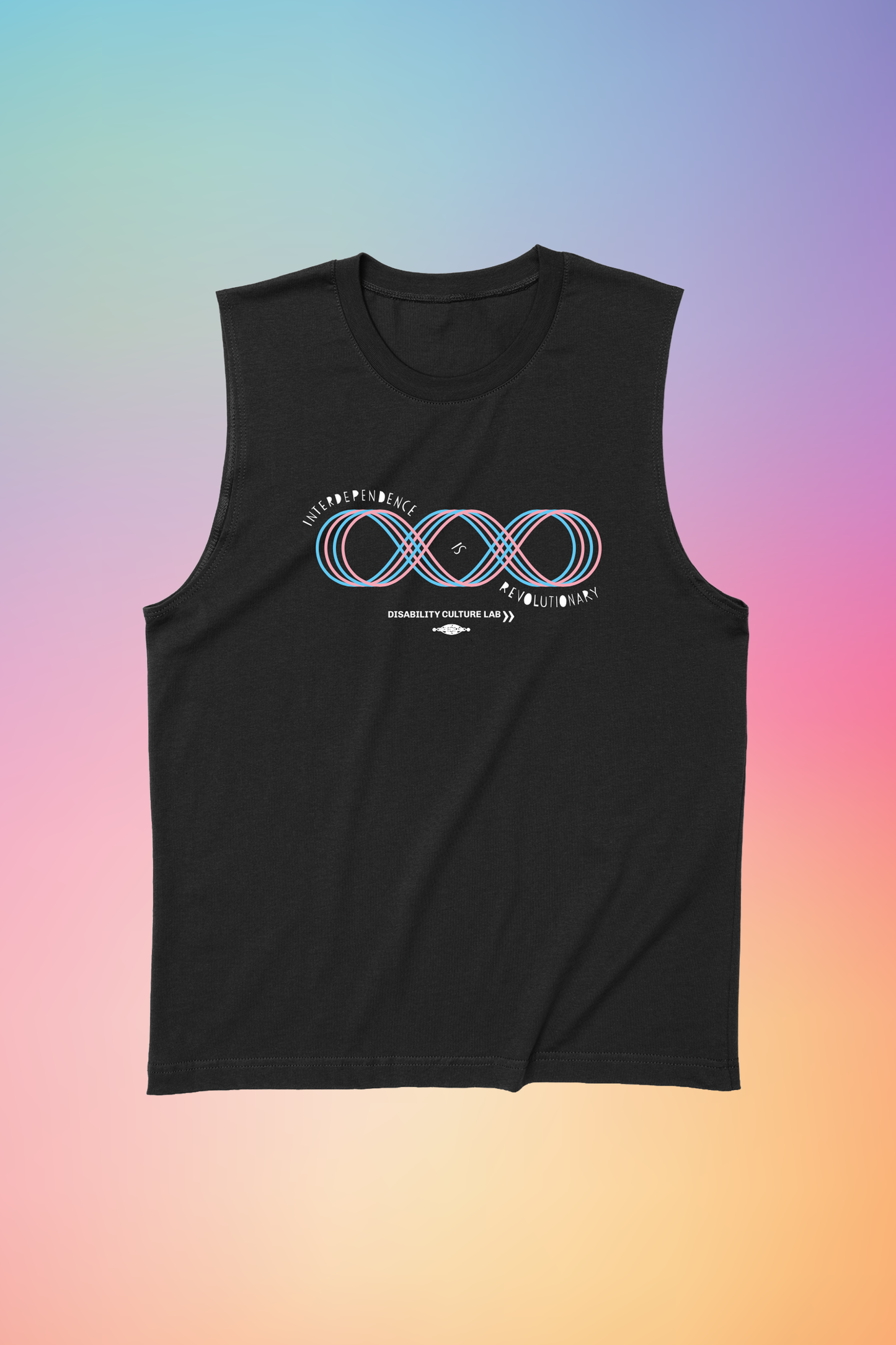 A black muscle tank with a four line loop, like an infinity sign with an extra loop added to it. The loop lines are in blue and pink. The loops are a  Contra dance diagram of a "Hey for Four," which is a dance move done with four dancers taking turns weaving through each other. Text reads, "Interdependence Is Revolutionary" and starts at the top left of the diagram, weaves into the center of the diagram and then ends at the bottom right. Below is the white Disability Culture Lab logo.