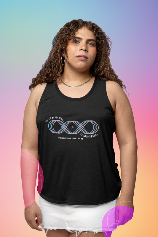 A person with light brown skin and long brown curly hair is wearing a black muscle tank with a blue and pink four line loop, like an infinity sign with an extra loop added to it. Text reads, "Interdependence Is Revolutionary" and starts at the top left of the diagram, weaves into the center of the diagram and then ends at the bottom right. Below is the white Disability Culture Lab logo.