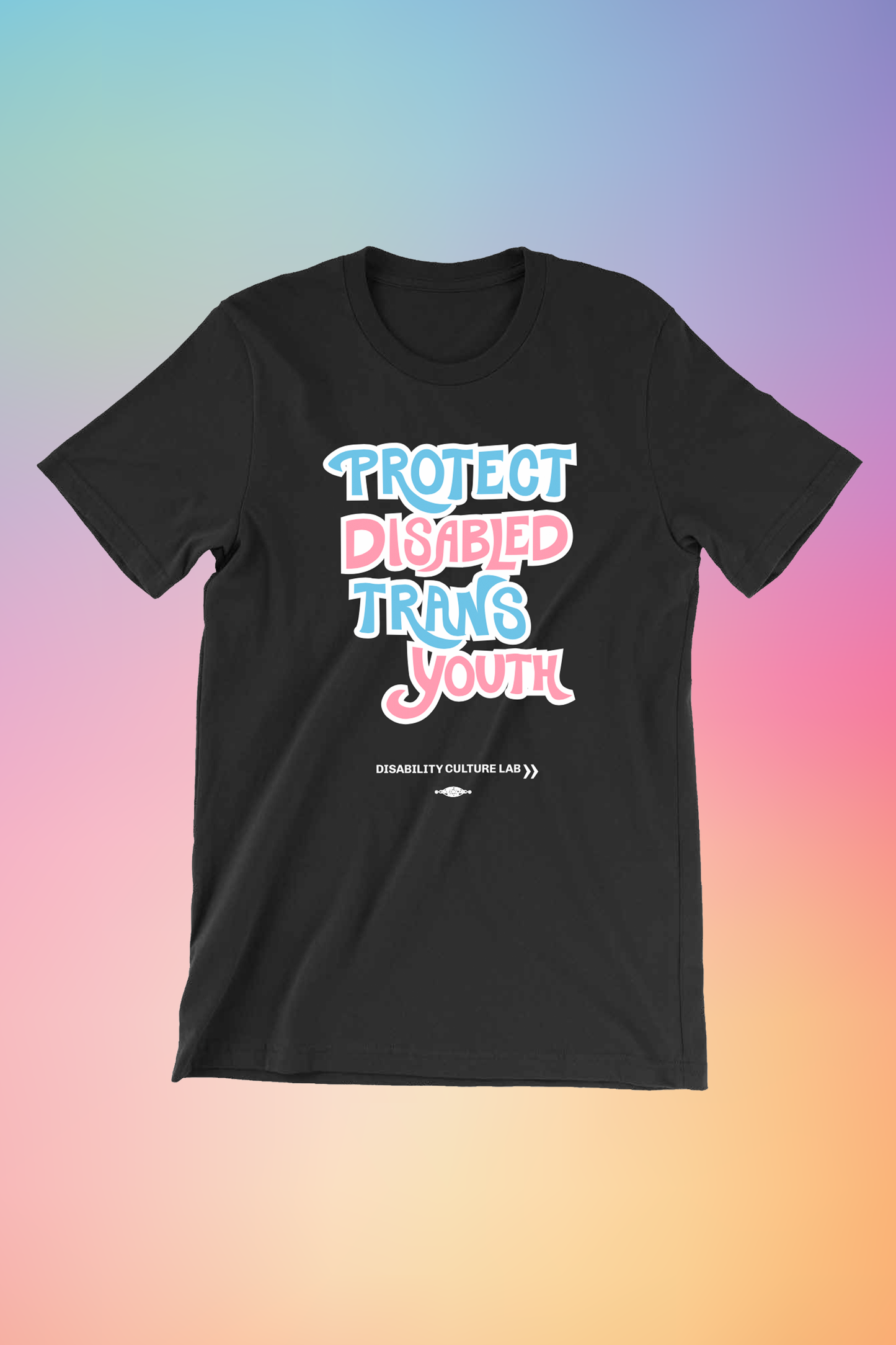 A black short sleeve T-shirt that reads “Protect Disabled Trans Youth” in hand drawn letters in the trans pride flag colors (light pink, sky blue, and white). Below is the white Disability Culture Lab logo.