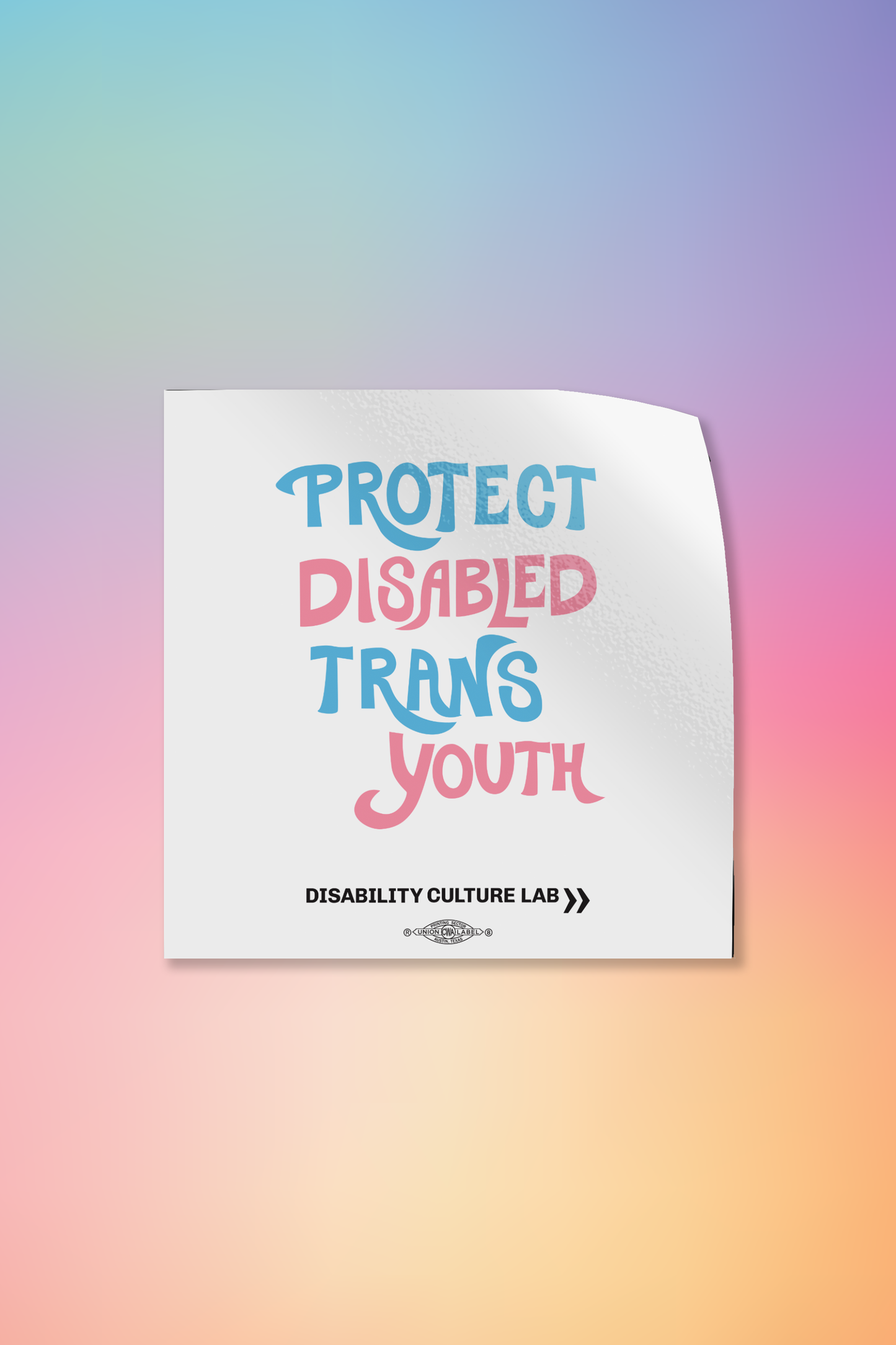 Whtie sticker with "Protect Disabled Trans Youth" hand drawn in light pink, sky blue, and white.