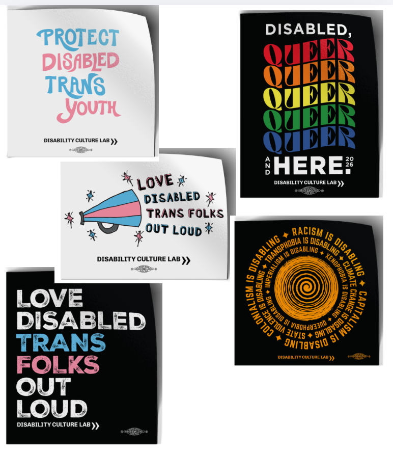 Five rectangular stickers on a white background. From left to right, top to bottom: "Protect Disabled Trans Youth" hand drawn in light pink, sky blue, and white. “Disabled, Queer and Here 2026” sticker is a rainbow of colors. "Love Disabled Trans Folks Out Loud" megaphone design sticker. “Oppression is Disabling” circular design sticker in yellow. "Love Disabled Trans Folks Out Loud" stacked design sticker. 