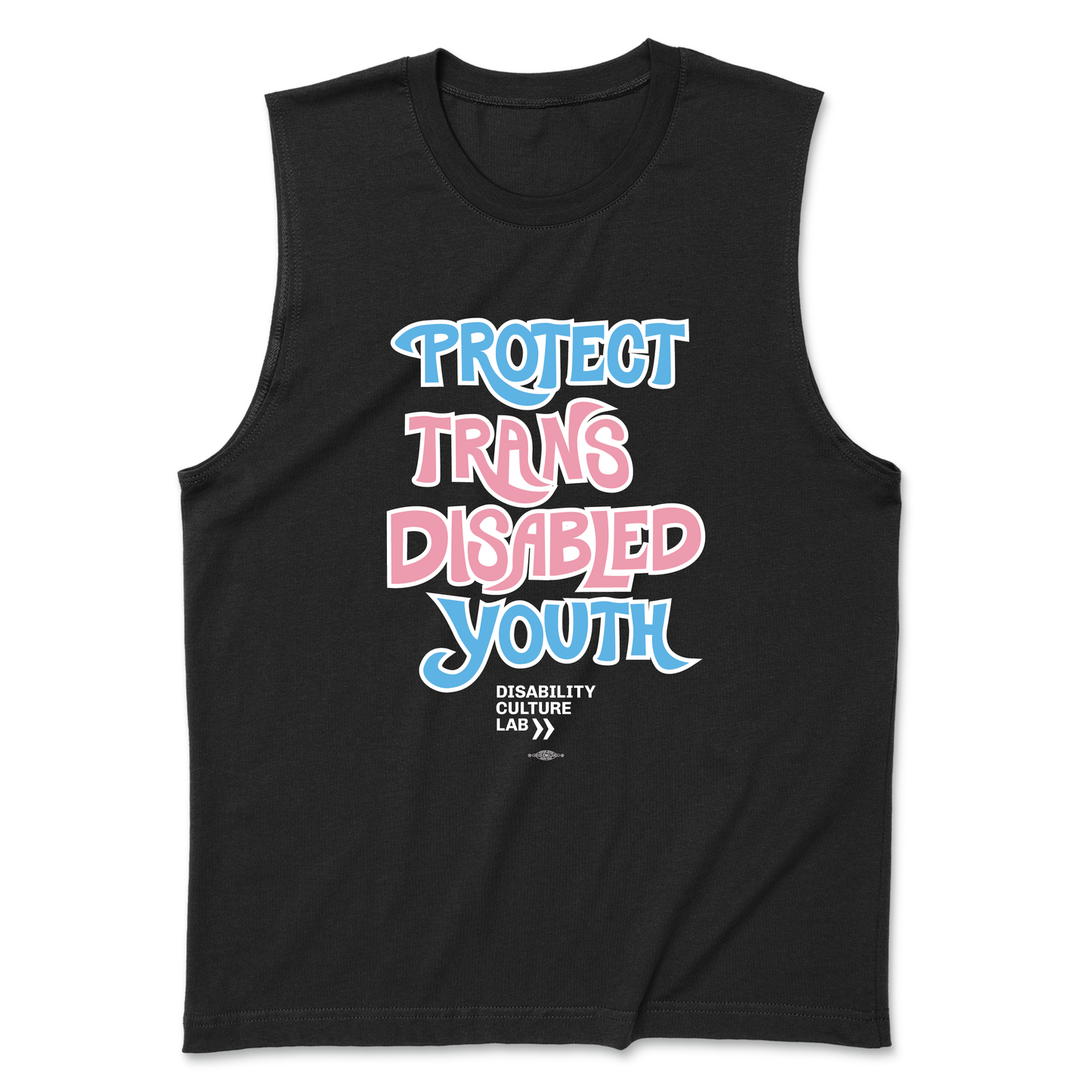 A black muscle tank that reads “Protect Trans Disabled Youth” in hand drawn letters in the trans pride flag colors (light pink, sky blue, and white).