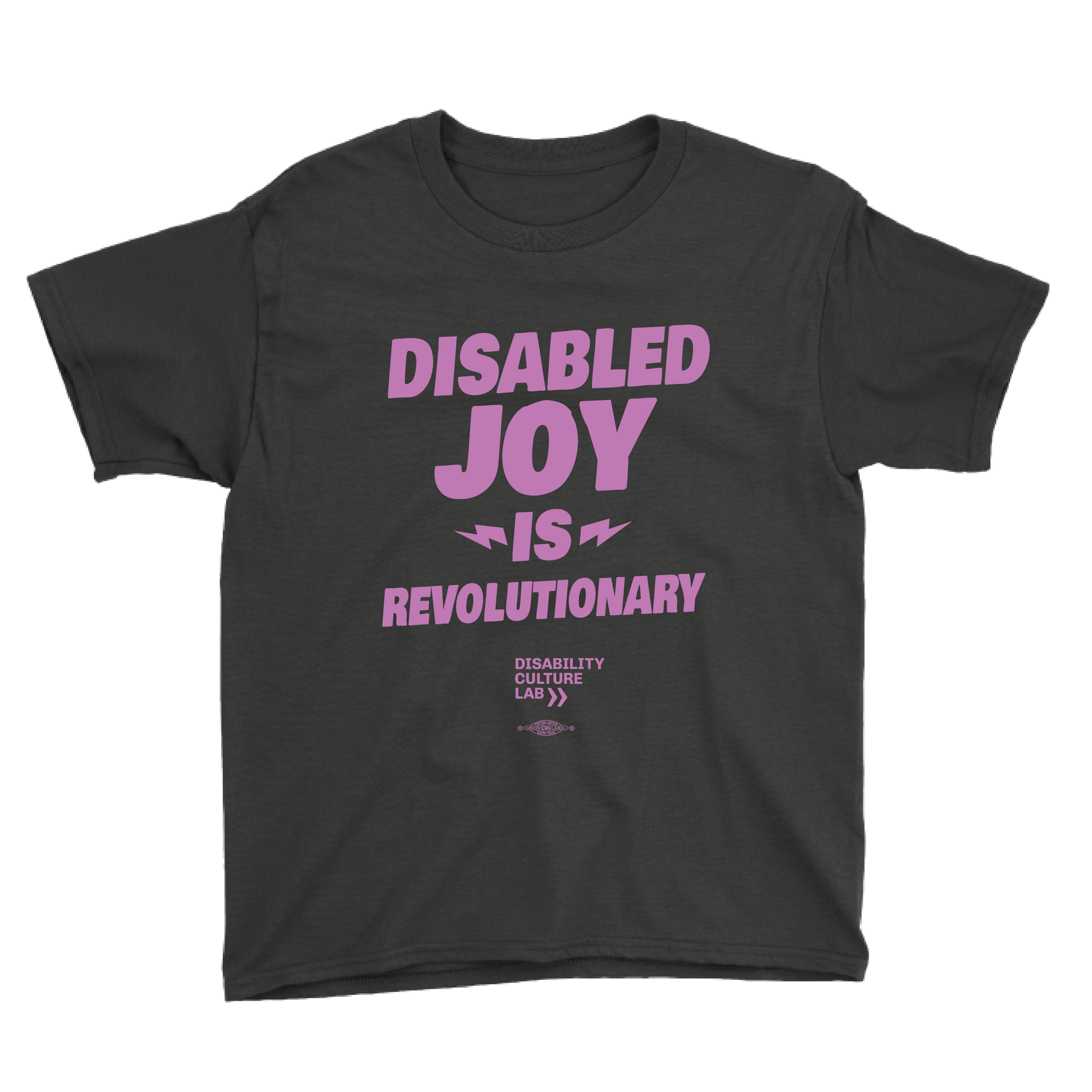 Black t-shirt that says "Disabled Joy is Revolutionary."