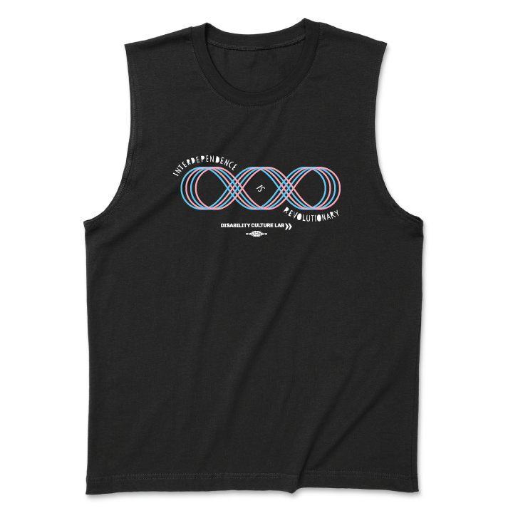 A black muscle tank with a four line loop, like an infinity sign with an extra loop added to it. The loop lines are in blue and pink. The loops are a  Contra dance diagram of a "Hey for Four," which is a dance move done with four dancers taking turns weaving through each other. Text reads, "Interdependence Is Revolutionary" and starts at the top left of the diagram, weaves into the center of the diagram and then ends at the bottom right. Below is the white Disability Culture Lab logo.